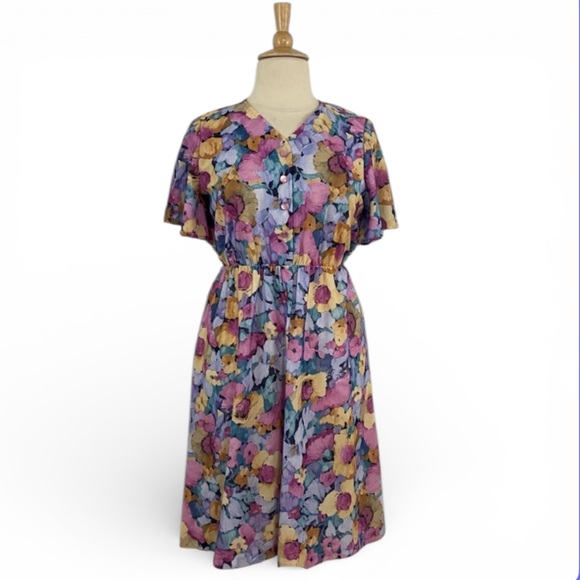 Vintage Dresses & Skirts - Vintage Floral Dress Women’s XL Short Sleeve A-Line‎ Midi Short Sleeve